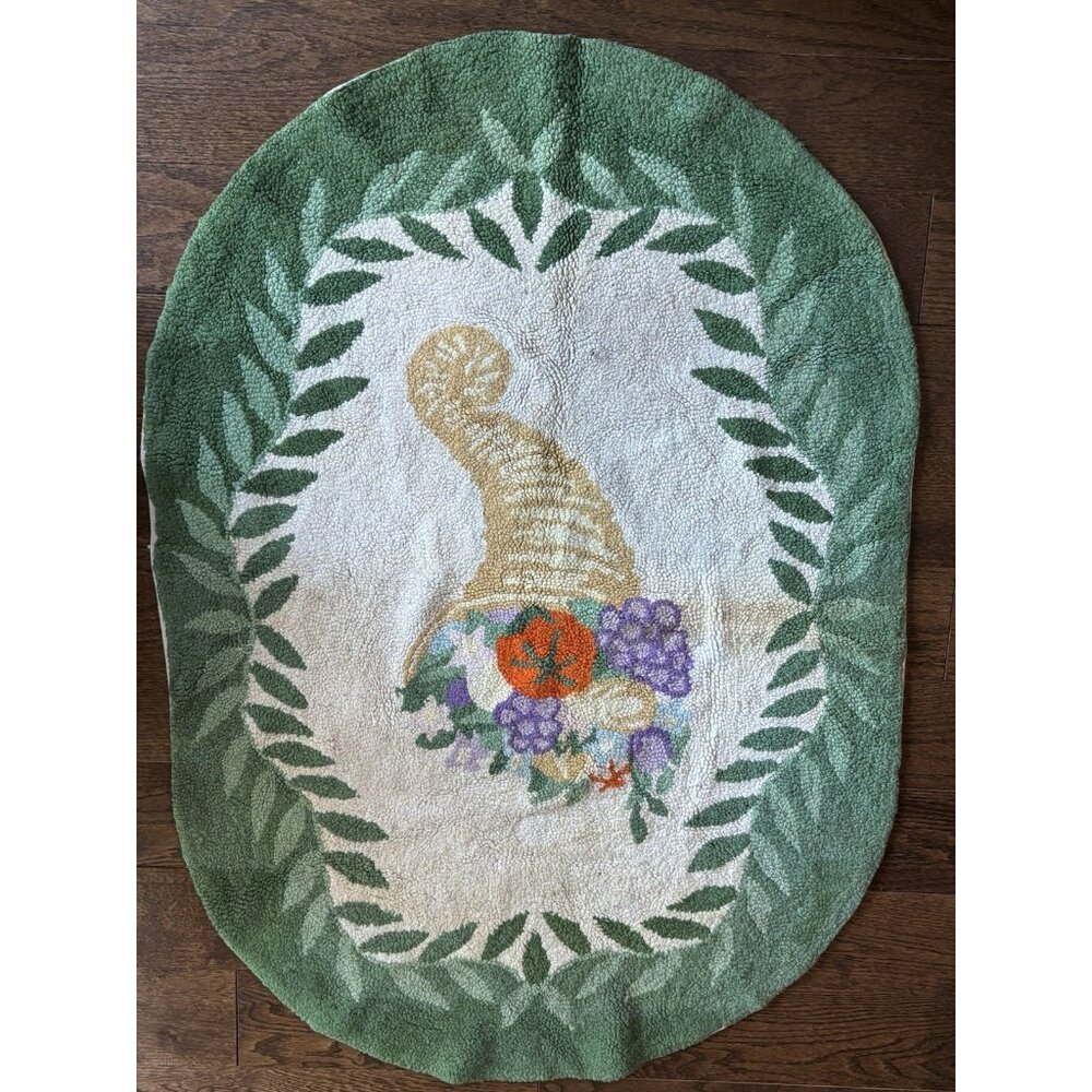 Antique American Hand Hooked Rug "HORN OF PLENTY" THANKSGIVING RUG 32''X46"